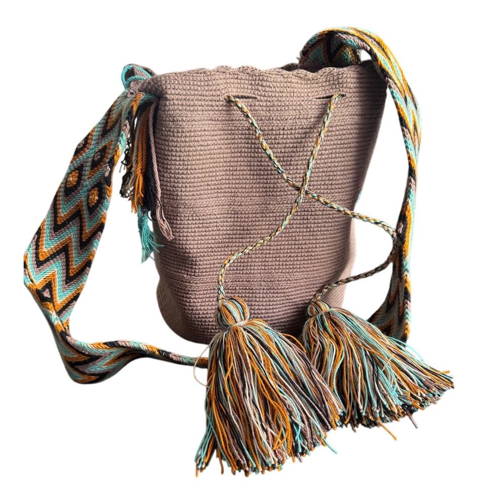 Handmade Wayuu Mochila Bucket Hobo Colombia Teal Brown Orange‎ Bag Purse Tassel